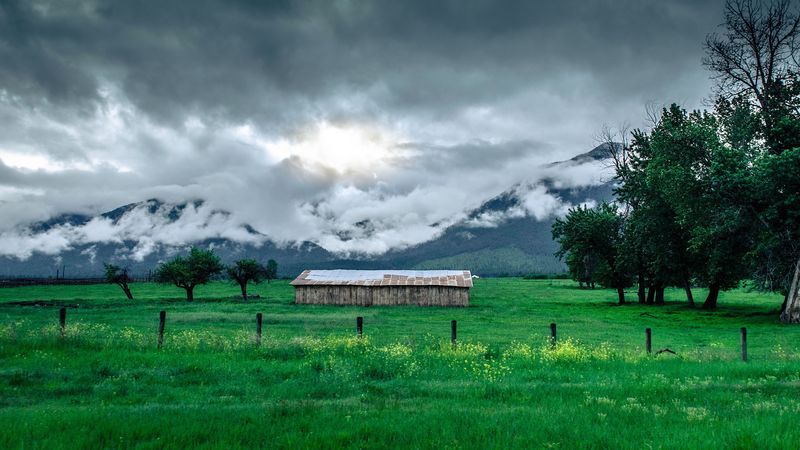 structure, grass, mountains, fog, 4k