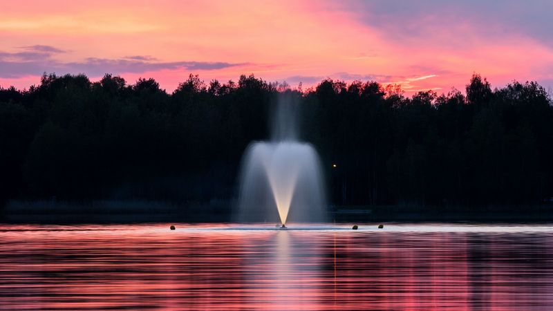fountain, lake, sunset, trees, 4k