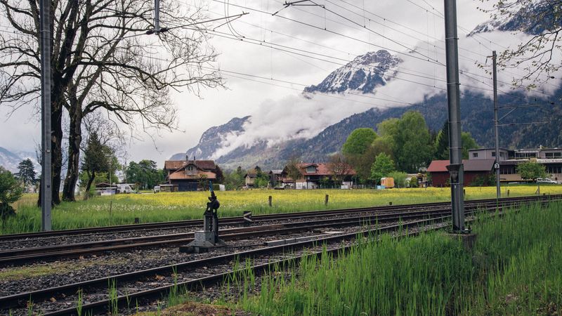 railway, mountains, grass, 4k