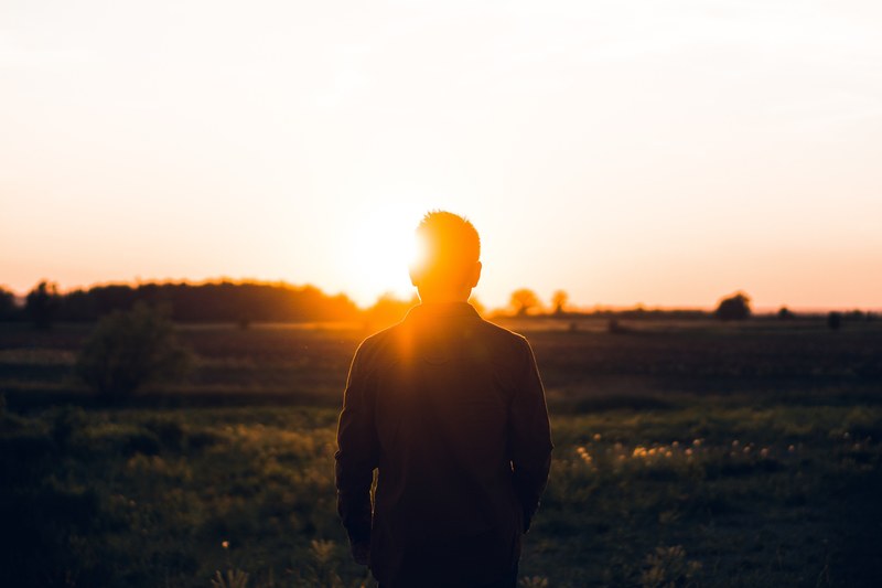 back of a mans head and body with the sun flaring right above his left ear in a field at sunset, sunset person golden and sunrise 4k