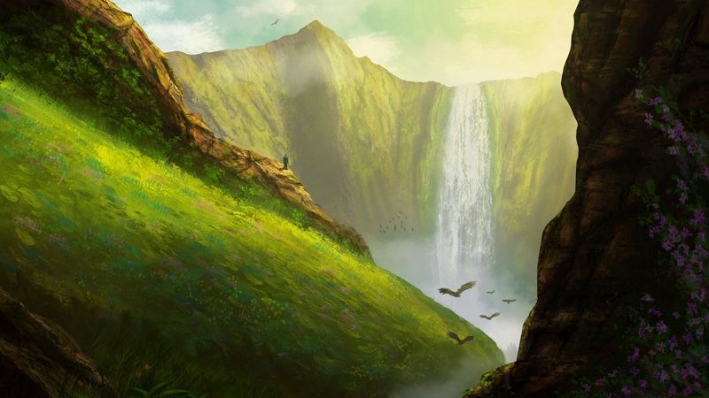 waterfall, birds, rocks, art, 4k
