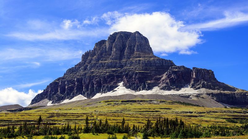rock, peak, mountains, trees, 4k