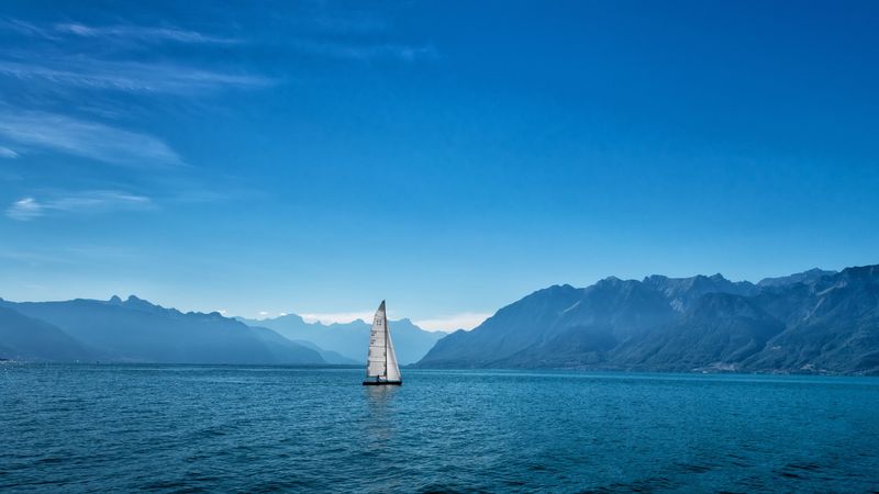 ship, sailboat, mountains, sea, 4k