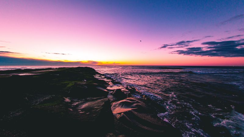 sunset, beach, sea, stones, 4k
