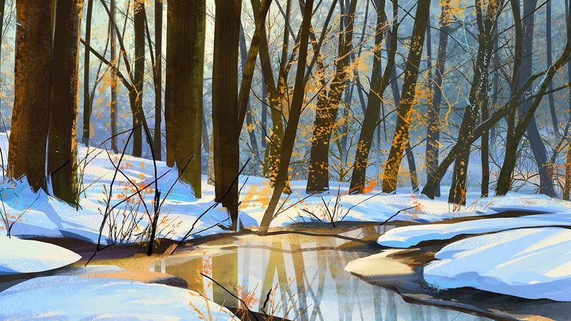 river, snow, spring, art, 4k