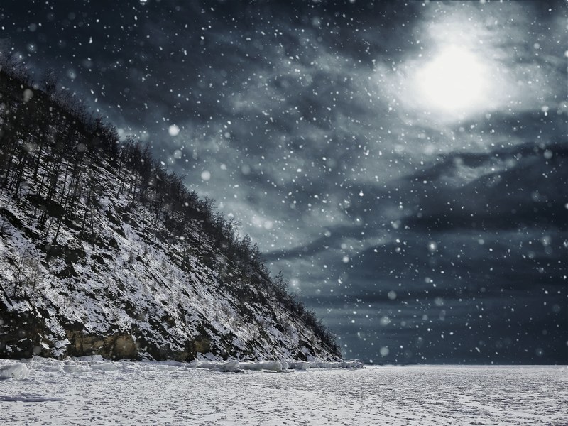 snowing in a cloudy night sky on a grassy mountain, end of world_ 4k