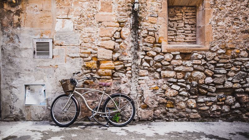 bicycle, wall, building, street, 4k