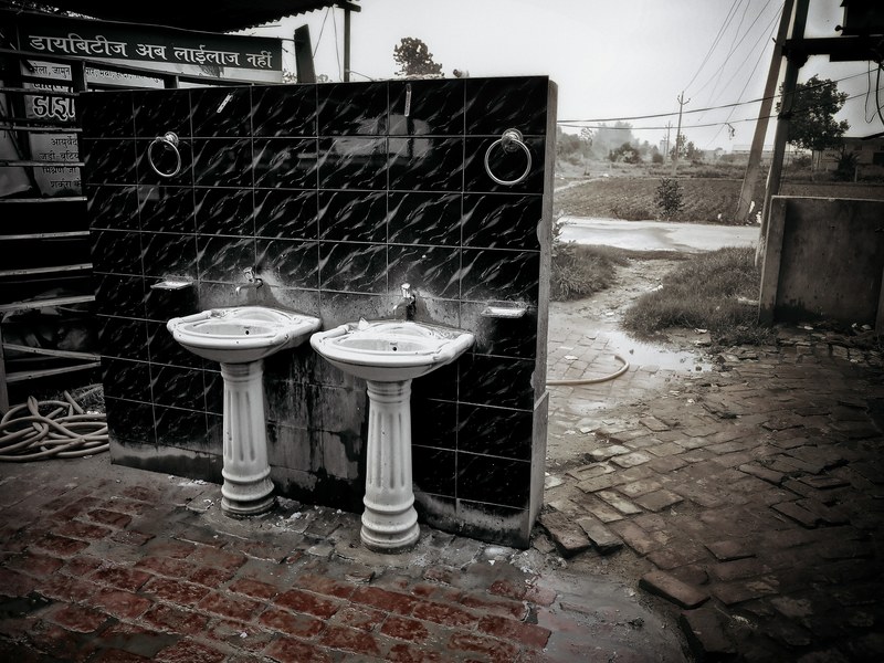 two bathroom sinks outside, private paradise_ 4k