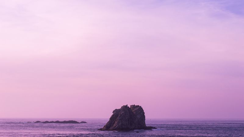 sea, stone, sky, lilac, 4k