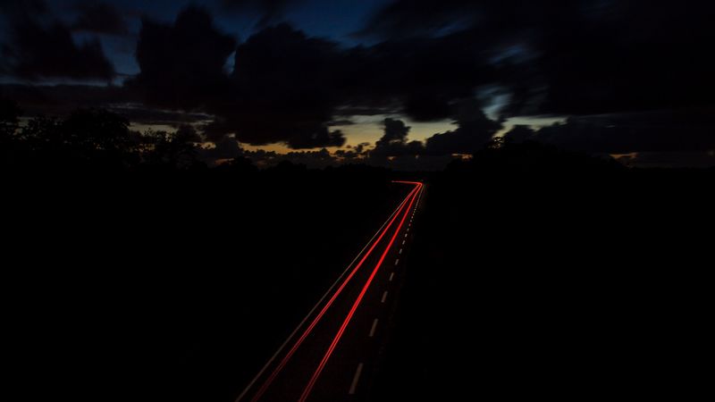 road, night, turn, sky, 4k