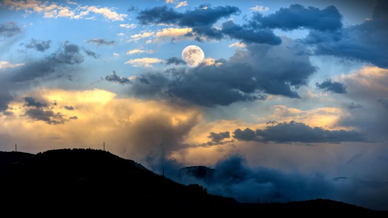 moon, fog, hill, sky, 4k