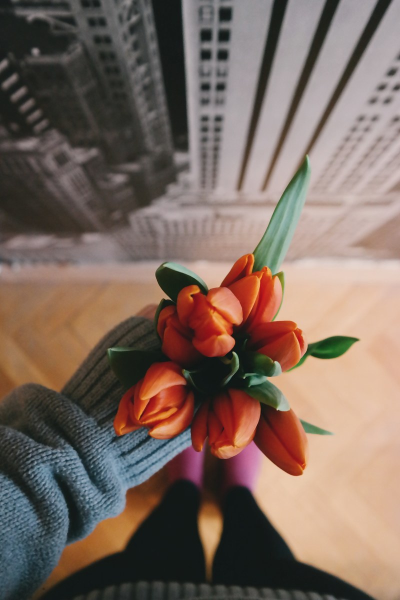 an overhead shot of a persons hand holding a bouquet of orange tulips, giving the gift of graceful tulips 4k