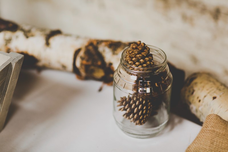 rustic jar of pinecones by logs of birchwood, pinecone in a jar 4k