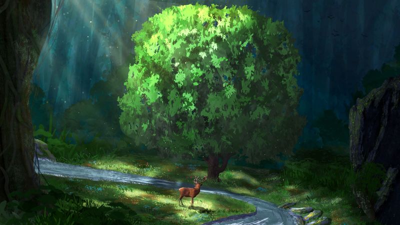 deer, river, forest, art, 4k