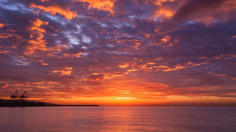 sunset, sea, sky, horizon, 4k