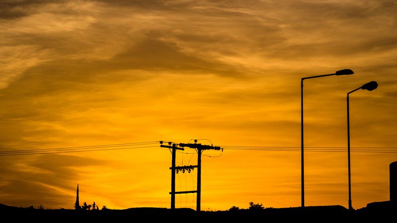 wires, pillar, sunset, 4k
