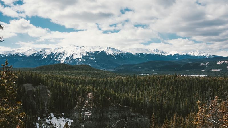 mountains, trees, distance, snow, clouds, 4k