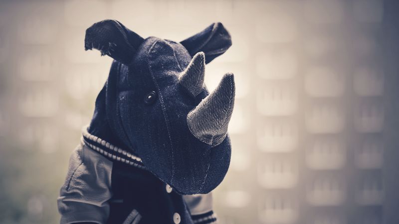 rhinoceros, toy, cloth, bw, 4k