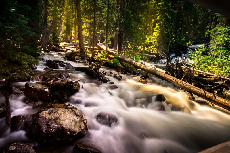 a view of a stream running downhill at lower cataract lake in colorado, stream flowing near lower cataract lake 4k