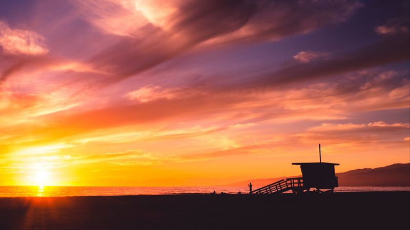 shore, sunset, sea, coast, 4k