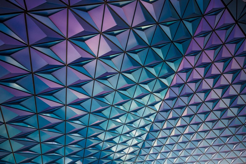 a mosaic of blue and purple triangles in a facade, blue and purple mosaic 4k