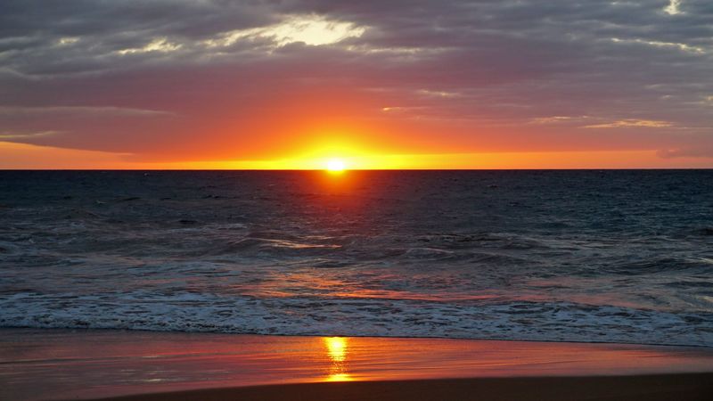 sea, sunset, horizon, shore, 4k