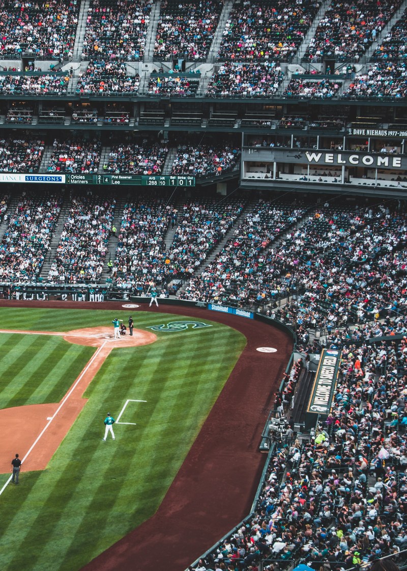 a drone shot of mlb teams playing at safeco field in washington, homerun 4k