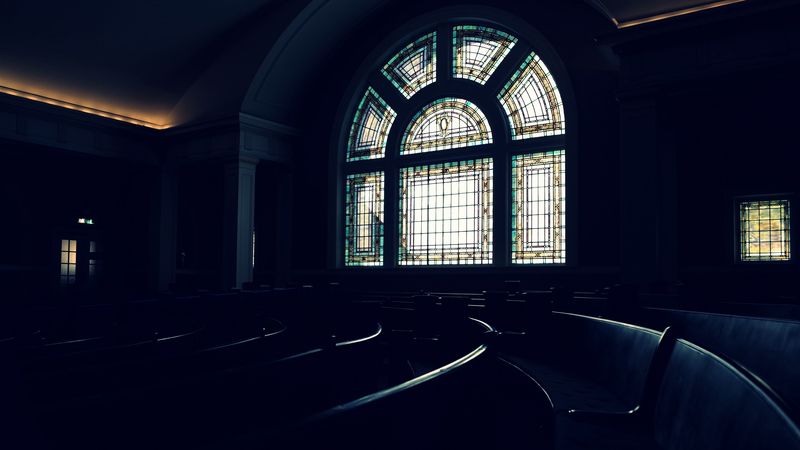 stained glass, window, bench, 4k