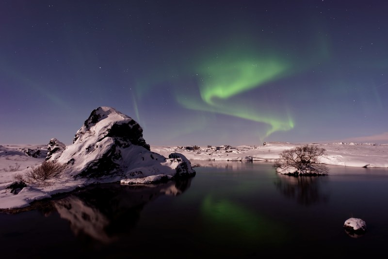 the northern lights casted above mvatn a lake in iceland, iceland lake northern lights 4k