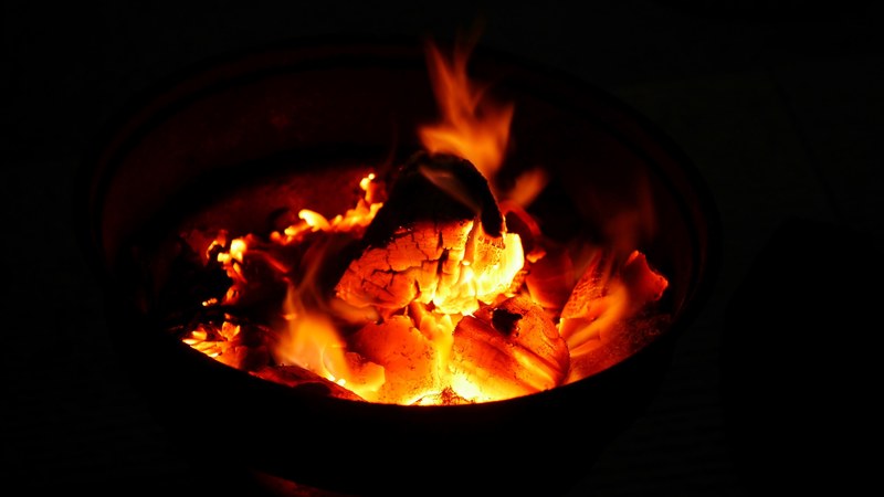 burning wood and orange coals in a fire, grill fire 4k
