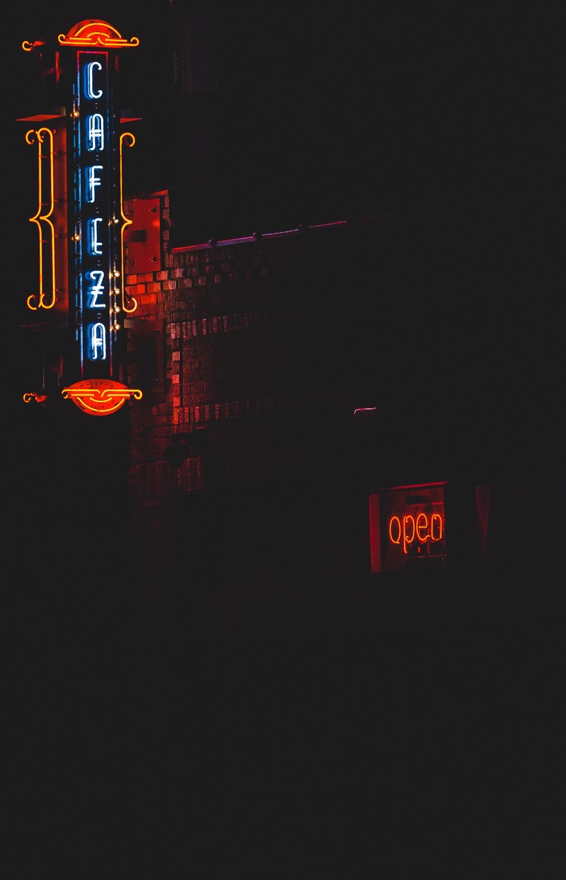 a dark street with faint lights of storefront neons, how late will you stay open for me 4k