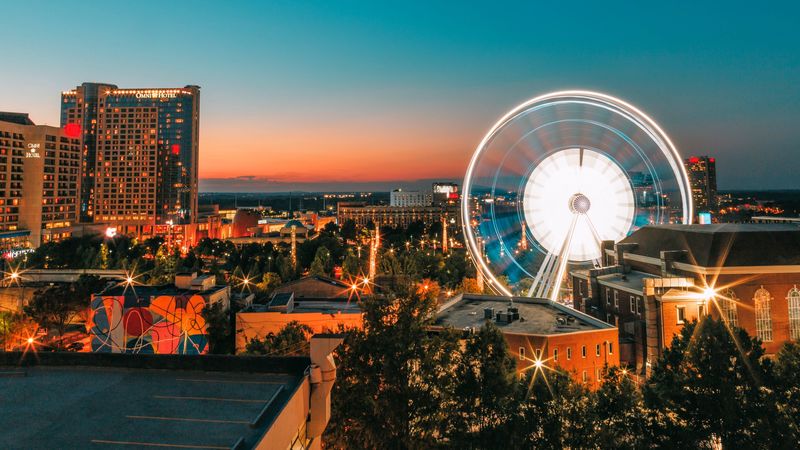 ferris wheel, night, city, buildings, 4k