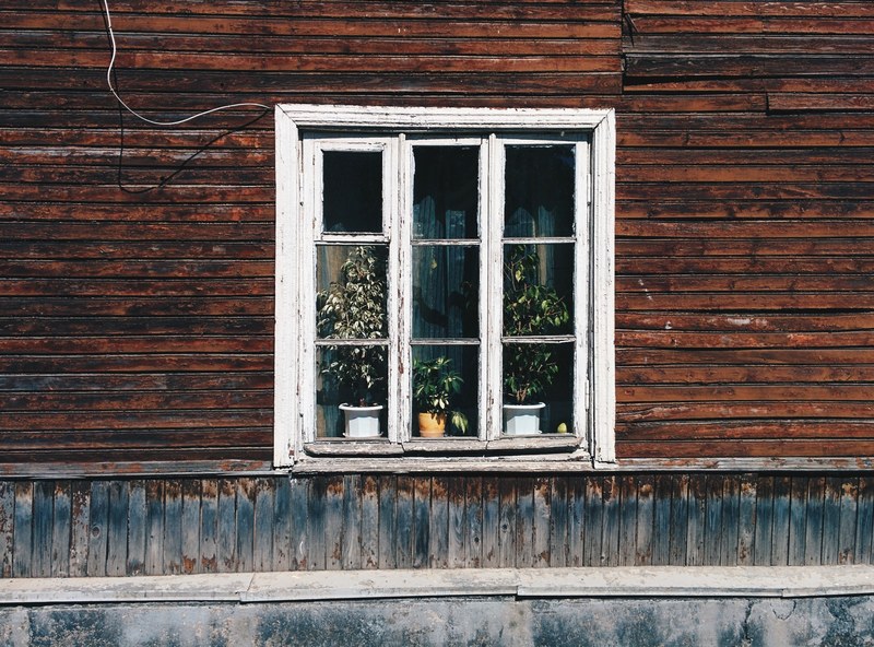 dark brown wood paneled house wall with single window looking in on potted plants, wood paneled wall and window 4k