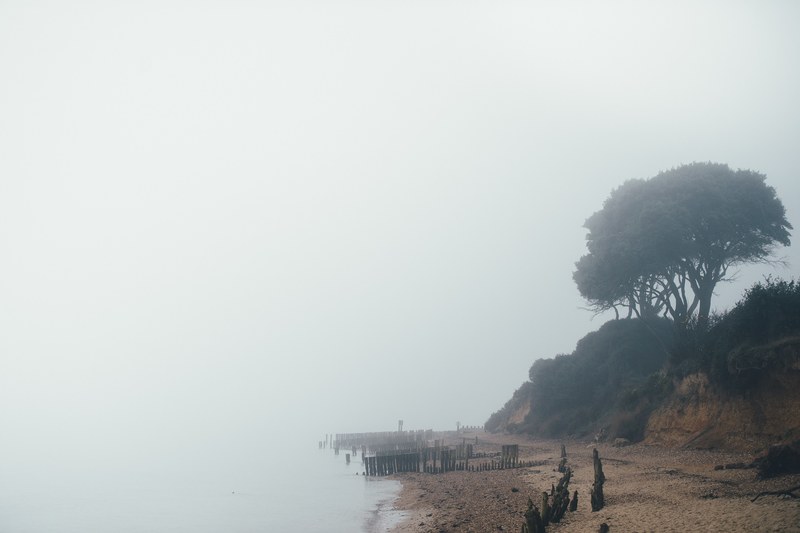 desolate beach shores covered in fog on a misty morning near the ocean, foggy beach 4k