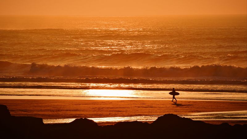 surfer, waves, sunset, ocean, 4k