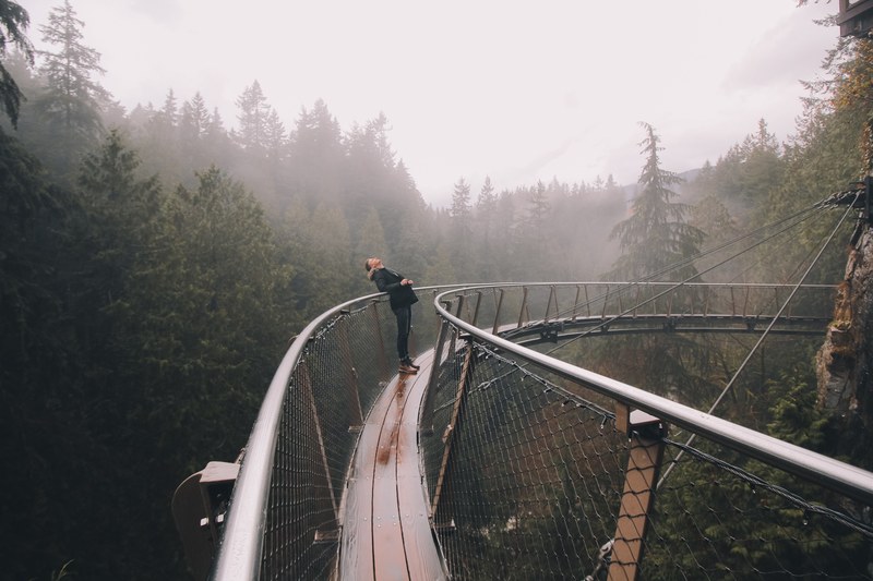 a man wearing a winter coat leaning back over the side of the capilano suspension bridge, my birthday_ 4k