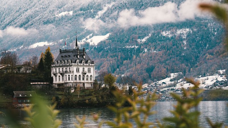 castle, architecture, building, lake, forest, slope, 4k