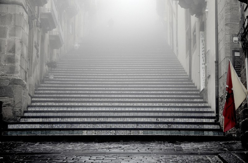 a moody and foggy day at scala ss maria del monte caltagirone staircase, scala ss_ maria del monte 4k