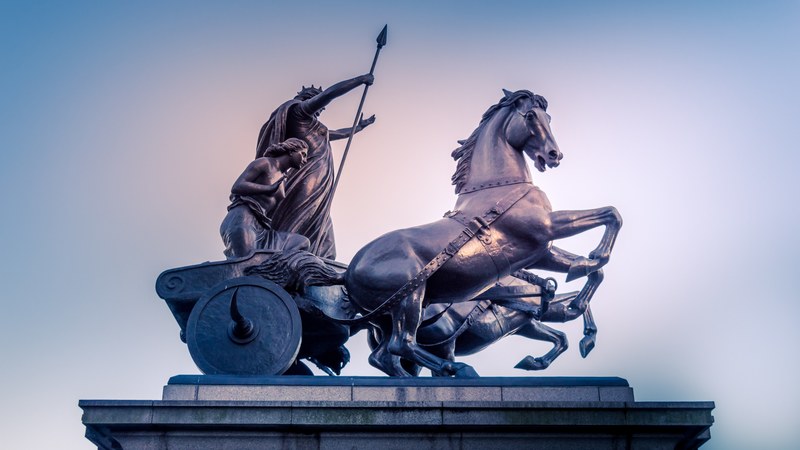 bronze sculpture of god standing with spear in carriage with horses, boadicea and her daughters 4k