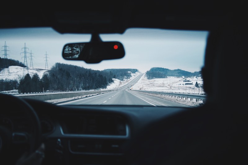 view through the windscreen from the audi interior on the two lane highway during winter, _view from the car during the winter 4k