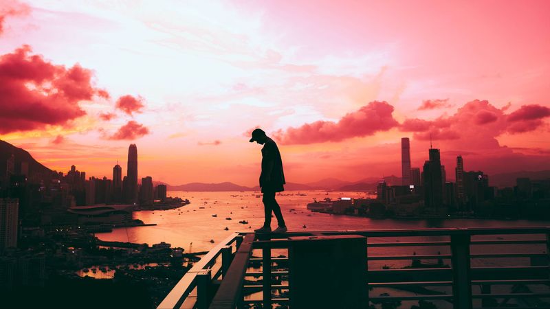 man, sunset, sky, city, 4k