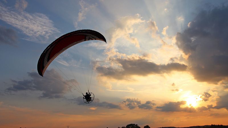 paraglider, flight, sky, sunset, 4k