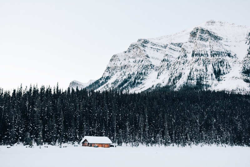 cabin alone in the woods surrounded by a snowy winter landscape, the lost cabin 4k