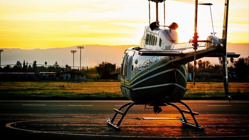 helicopter, sunset, airfield, 4k