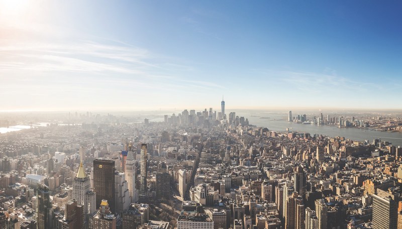 an aerial view of new york citys skyline and skyscrapers on a bright sunny day, i can see my house from here 4k