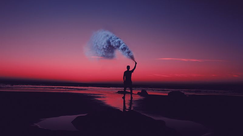 colored smoke, shore, sunset, people, 4k