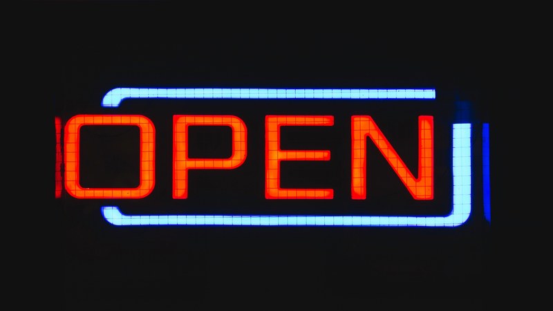 a bright red and blue neon reads open, red and blue open neon 4k