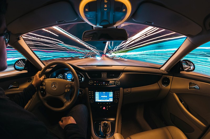 street light trails viewed from the mercedes benz luxury car cockpit in padua, h y p e r s p a c e 4k