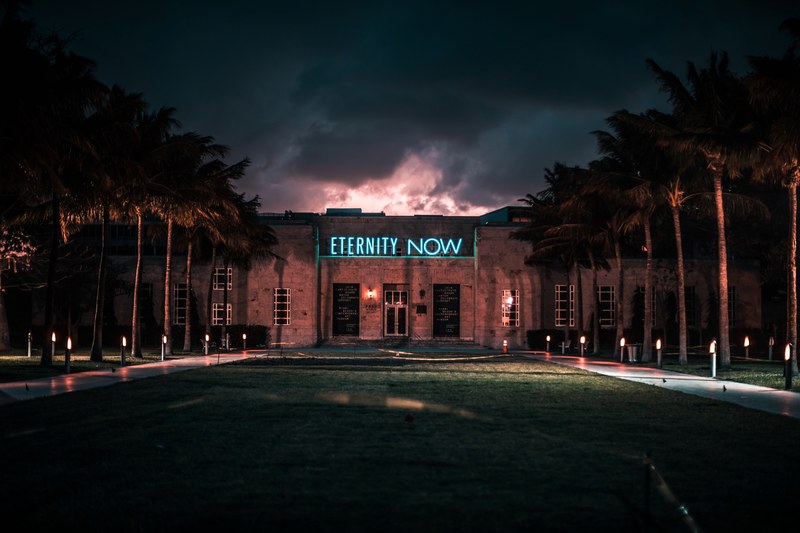 neon sign on a building by the palm tree rows at miami beach, eternity now 4k