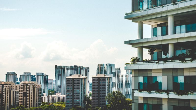 balcony, facade, skyscrapers, glass, 4k